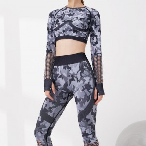2PCS Set of Female Camouflage Yoga suit Gym clothing workout long sleeve fitness crop top high waist Legging Seamless Sport set
